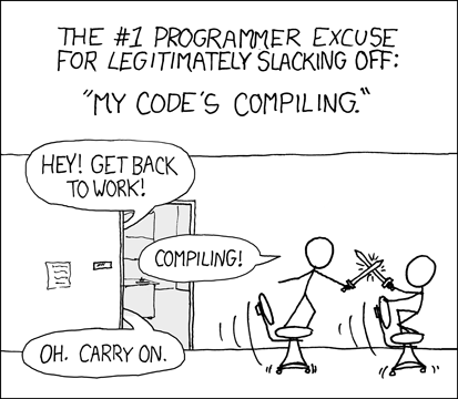 Two developers sword-fighting on office chairs. Their boss asks why they aren't working; they shout Compiling!